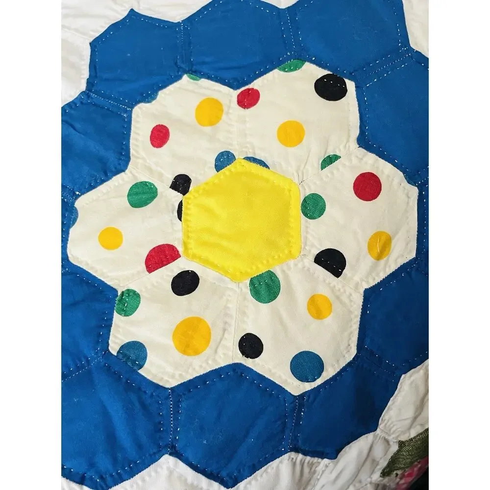 Vintage handmade Quilt Grandmother's Flower Garden 50s 60s 70s fabrics 102 x 88